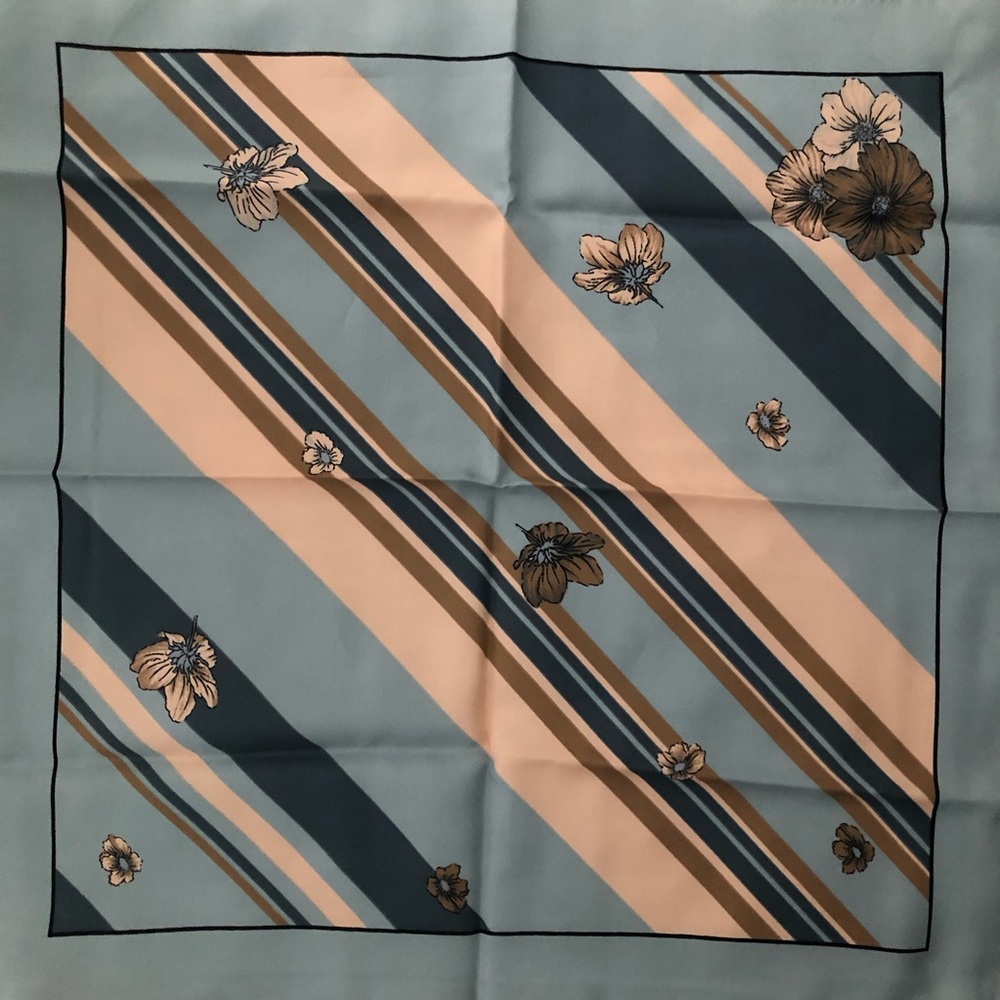 Vintage Italian Striped Floral Square Scarf in Sky Blue and Beige